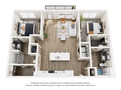 Floor plan for 2 beds, 2 baths, 1161 sqft